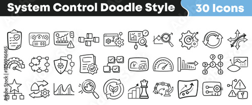 Thirty hand drawn doodle style icons representing system control process management workflow and analysis on transparent background