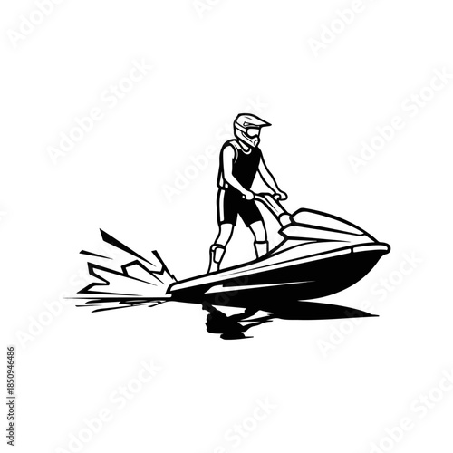 Dynamic Vector Illustration of a Jet Ski Rider in Action Creating Water Splashes and Reflections Silhouette Style
