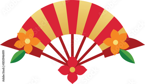 Japanese traditional folding fan with decorative red gold stripes