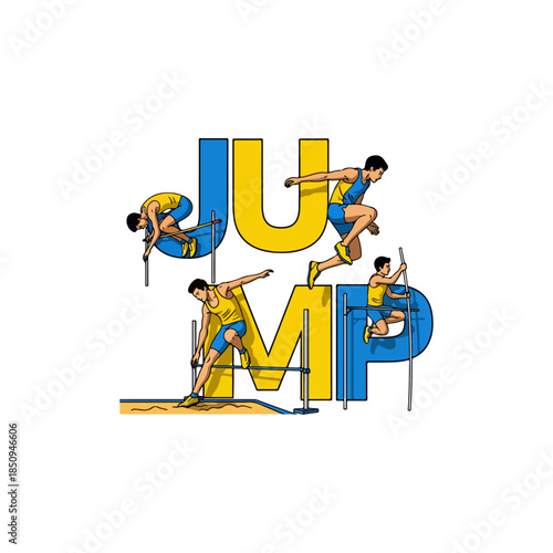 Hurdles Race Athletics Dynamic Hurdler Jumps Over Bar In Vibrant Yellow and Blue Graphic Text Elements