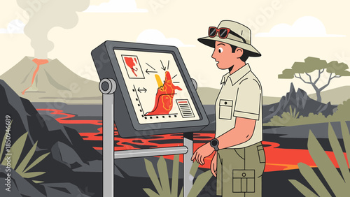 Man Examining Map of Volcanic Region.