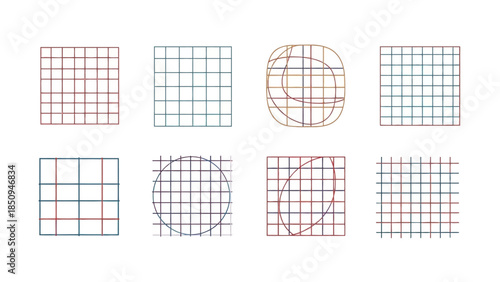 Eight geometric grids with different shapes illustrating mathematical principles, geometry