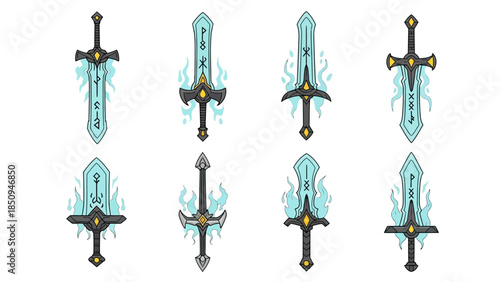 Collection of cartoon fantasy magical swords with runes and mystic blue flames illustrations