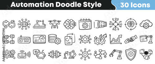 Collection of thirty hand drawn doodle style icons representing concepts related to artificial intelligence machine learning and automation on transparent background