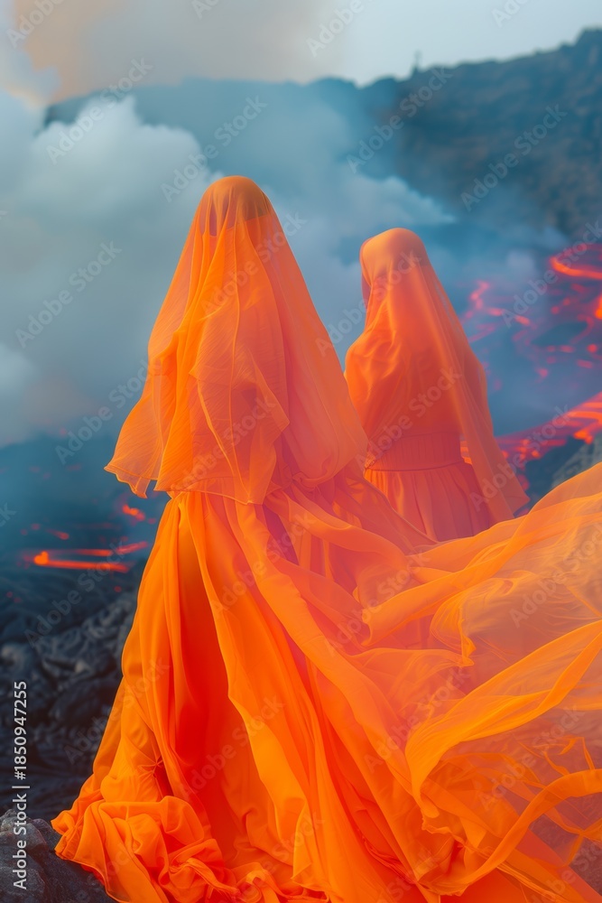Obraz premium Dos figuras vestidas de naranja frente a un río de lava, Mujeres con túnicas naranjas en un paisaje volcánico, Editorial de moda de alta costura con lava y volcanes