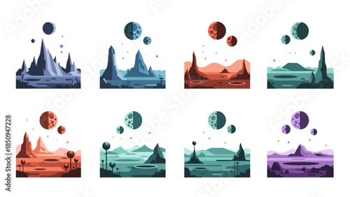 Collection of Minimalist Flat Style Alien Planet Landscapes Vector Illustration Set