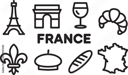 France country line icons set. eiffel tower, arc de triomphe, wine glass, croissant, fleur de lis, beret, baguette, map outline