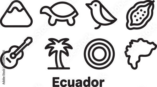 Ecuador line art icon set including mountains turtle bird cacao pod guitar palm tree map