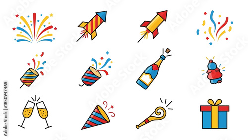 Colorful Celebration Icons Featuring Fireworks Confetti and Party Elements Graphic