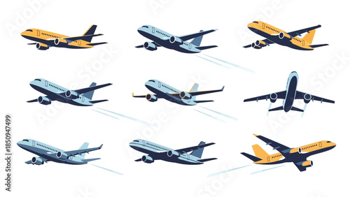 Collection of commercial airplane in different angles with yellow and blue color schemes minimal