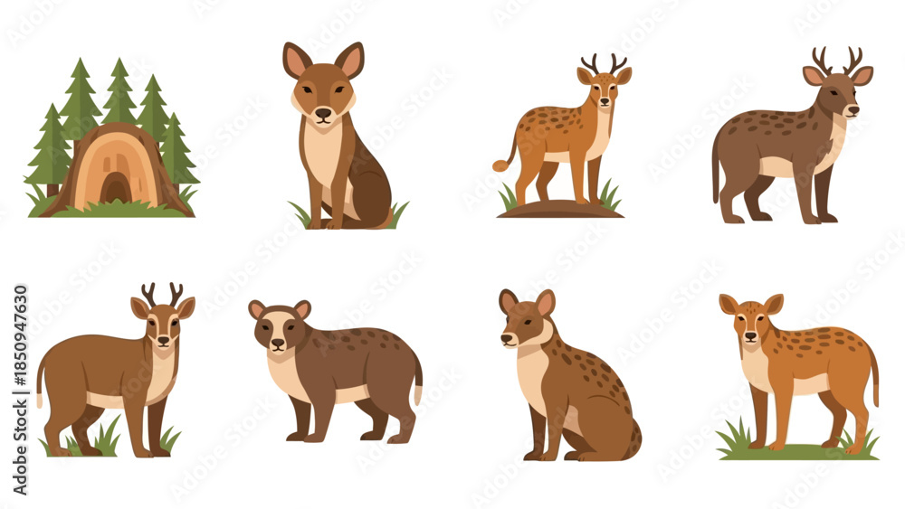Fototapeta premium Collection of Adorable Cartoon Deers and Forest Elements Illustration Set Design