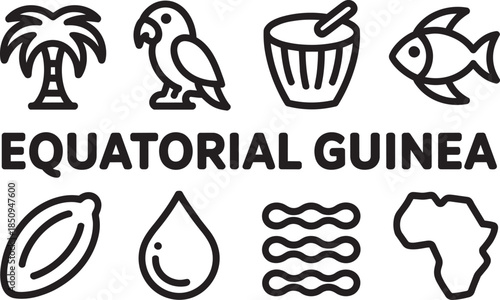 Equatorial guinea travel icons set. Palm tree, parrot, drum, and african map outline