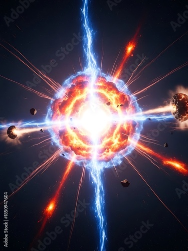 Stellar eruption, cosmic explosion with energy beams and rocky debris