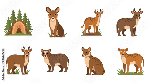 Collection of Adorable Cartoon Deers and Forest Elements Illustration Set Design