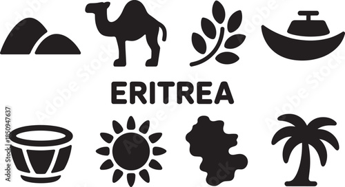 Eritrea country symbols collection. map, sun, palm tree, camel, mountain, drum, wheat, boat flat design