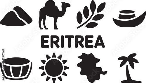 Eritrea country icons set. map, sun, palm tree, camel, mountain, drum, wheat, boat flat design