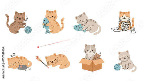 Cute Cartoon Cats Illustration with Playful and Sleepy Poses for Children's Designs