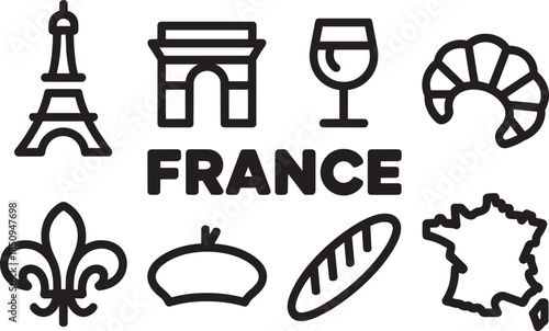 France country icons set french culture symbols landmarks map eiffel tower croissant wine
