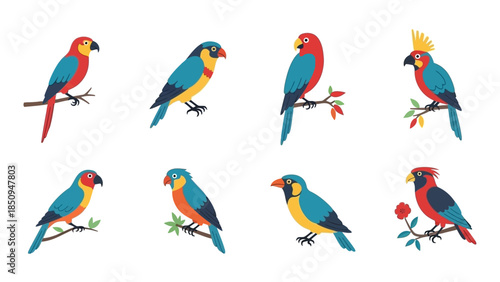 Colorful Cartoon Parrots Illustration with Various Species in a Row on White Background