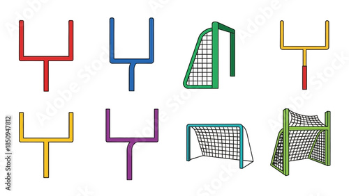 Diverse assortment of colorful goalposts and nets for american football and soccer illustrations