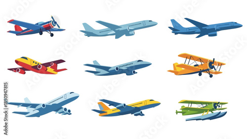 Collection of illustrated airplanes in various styles and colors against a white backdrop showing