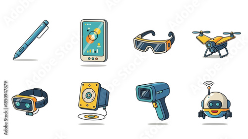 Collection of Modern Technology Gadgets and Devices Displayed in Cartoon Style