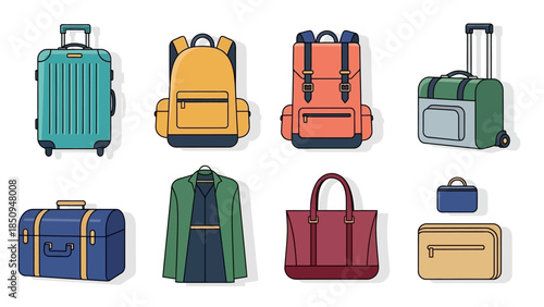 Collection of Travel Accessories: Suitcases, Backpacks, Bags and Clothes Ready for Adventure