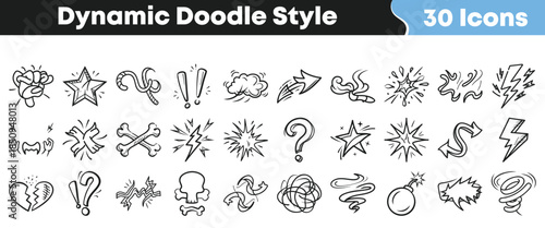 Collection of thirty dynamic doodle style icons featuring hand drawn comic elements like explosions stars lightning and symbols on transparent background