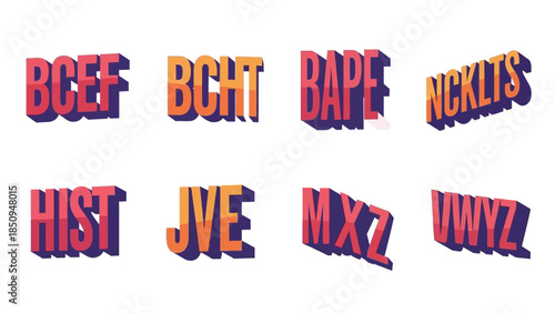 Dynamic uppercase letter groupings in vibrant gradient hues with bold extruded shadows for