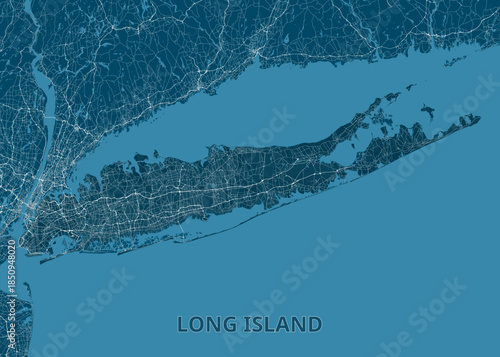 Map of Long Island and the surrounding areas, rendered in shades of blue. The landmasses are a darker blue, while the surrounding water is a lighter, brighter blue.
