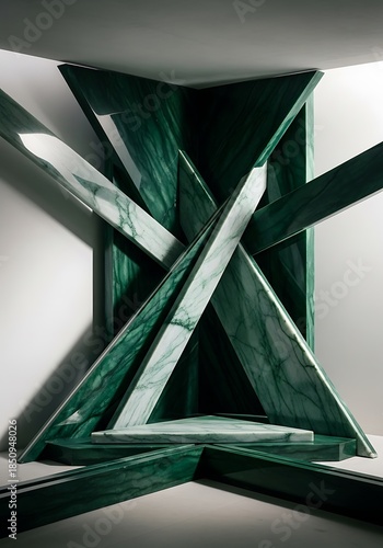 Verdant Marble Geometric Sculpture in Dynamic Interplay of Forms, Shapes