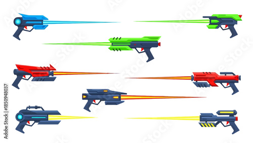 Set of Futuristic Laser Guns Shooting Beams, Sci-Fi Weapons Collection with colorful design