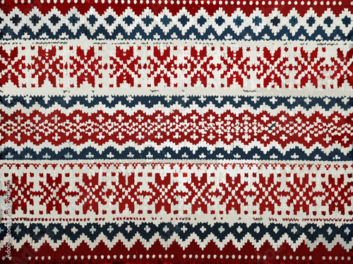 Close up of a knitted fabric showcasing a traditional fair isle pattern
