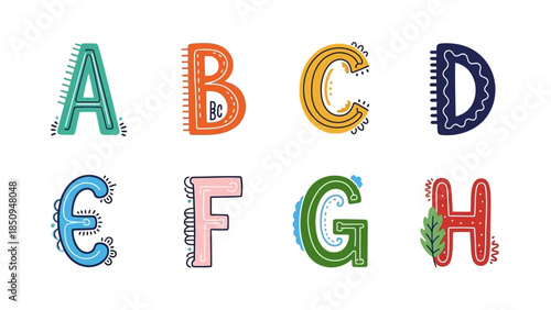 Colorful playful alphabet letters for kids, from A to H, bright and creative educational elements