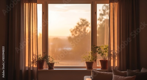Warm indoor sunset view through window with plants and neutral drapes