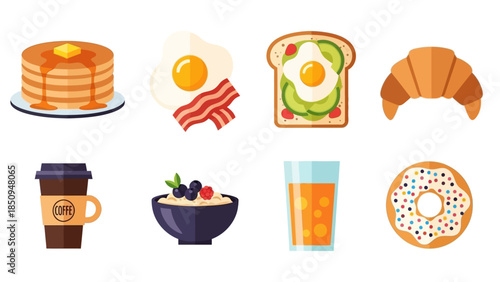Colorful and flat vector breakfast illustration featuring various delicious breakfast items