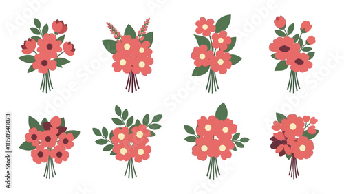 Charming collection of delightful flower bouquets in coral shades ideal for spring designs