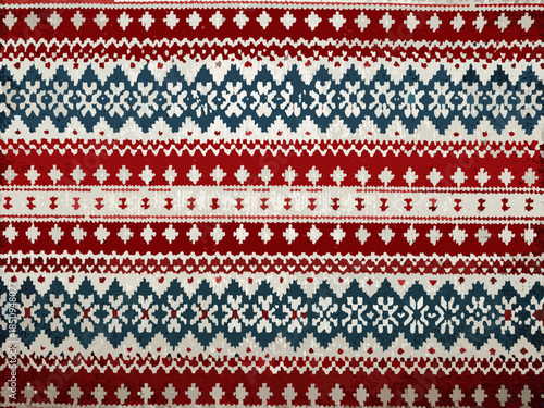A close up view of a red white and blue knitted fair isle pattern