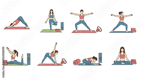 Diverse yoga postures collection featuring women in various poses for fitness and wellness