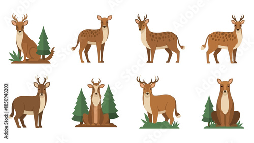 Collection of vector illustrations depicting stylized deer in various poses and settings for