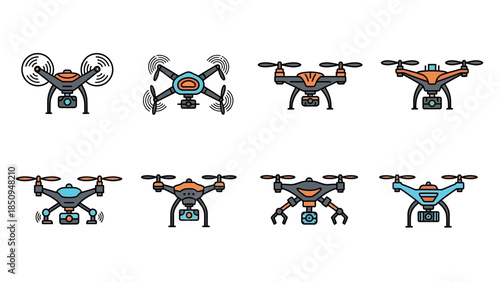 Collection of Drone Icons with Cameras Vector Design Set for Various Applications