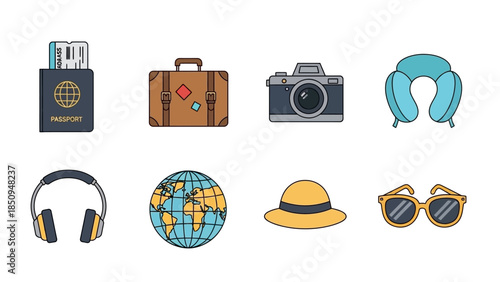 Travel essentials vector illustration showcasing various travel accessories and items in colorful