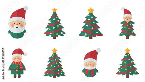 Delightful Christmas Cartoon Icons Featuring Santa Claus and Decorated Christmas Trees