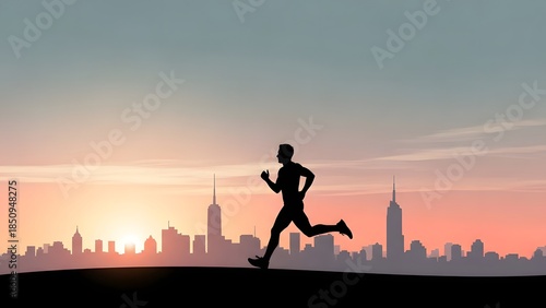 Silhouette of a determined man running against a vibrant city skyline during a beautiful sunset or sunrise