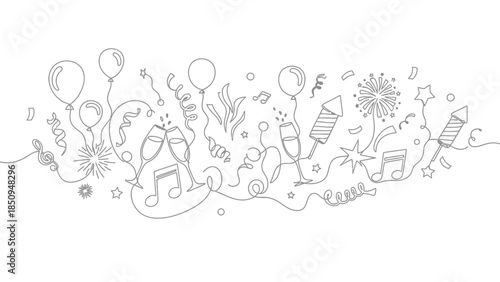 Elegant Celebration Line Art with Balloons, Champagne Glasses, and Confetti