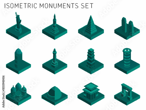 Isometric representation of world landmarks statues pagodas and architectural monuments