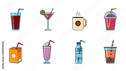 Illustration of various refreshing beverages including juice coffee and alcoholic drinks