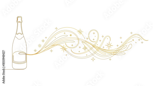 Golden Line Art Champagne Bottle with Sparkling Trail, Minimalist Celebration Design