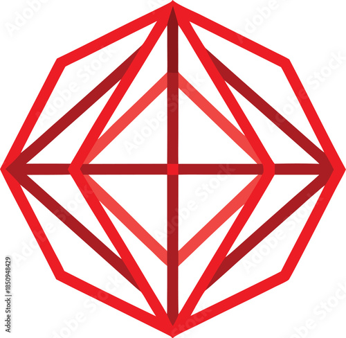 Complex red geometric abstraction with intersecting lines and facets