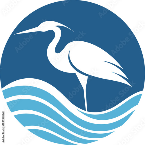 White heron or egret standing in blue water within a circle logo